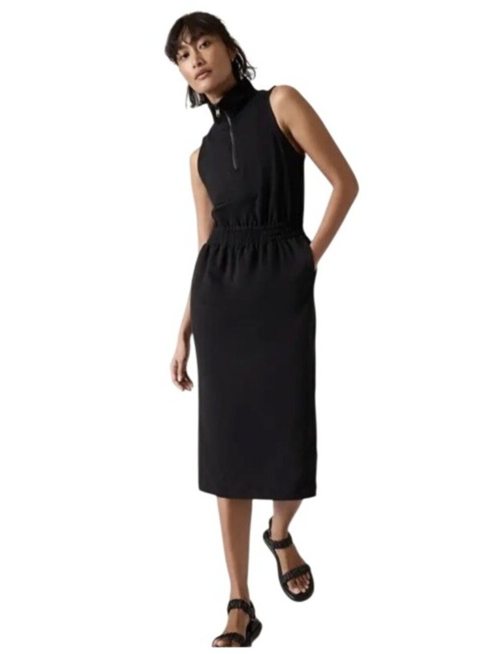 Athleta Retroterry Midi Dress Women's Medium Black Sleeveless Half Zip Sporty